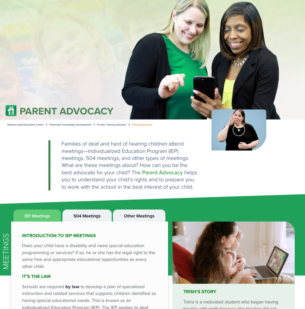 a screenshot of Parent Advocacy website with two ladies looking at smartphone and boxes of texts in green and white designs.